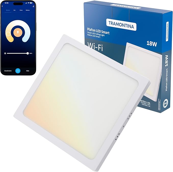 Tramontina Plafon Smart LED Quadrado de Sobrepor 18W Inteligente Wi-Fi + Bluetooth