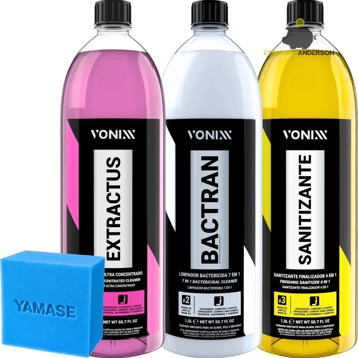 Kit Sistema VSC Limpeza de Estofados Sofa Banco Extractus Bactran Sanitizante 1,5L Vonixx Espuma Yamase