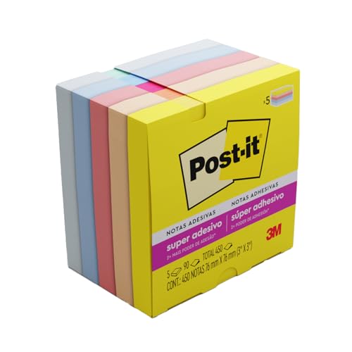 POST-IT 3M Bloco de Notas Adesivas Coleção Alegria 450 Folhas 76 mm x 76 mm, Adesão Excelente, Ideais para Anotações e Recados em Superfícies Verticais, Como Paredes, Janelas, Vidro