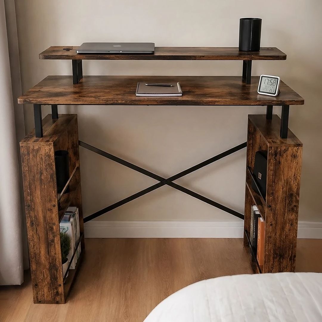 Escrivaninha Mesa para Computador, Mesa para Escritório de 2 Nível com Tomada Integrada