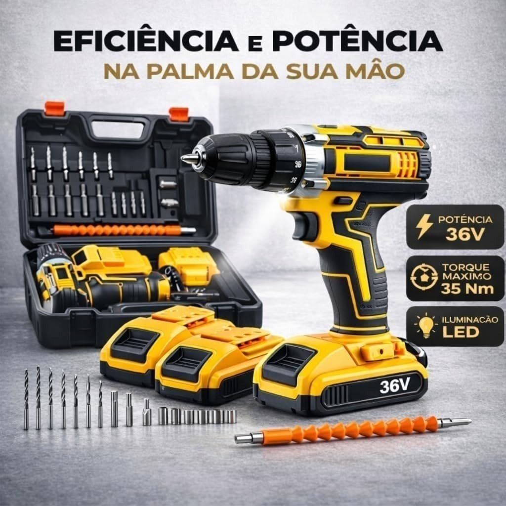 Furadeira e Parafusadeira de Impacto Sem Fio com LED 2 Baterias Recarregáveis Bi-volt e Acessórios