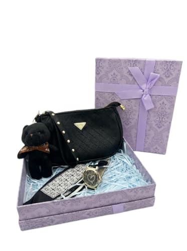 Kit Presente com Bolsa Feminina Pequena, Relógio Feminino, Ursinho e Lenço, Caixa Presenteável Luxo, Pronto para Presentear