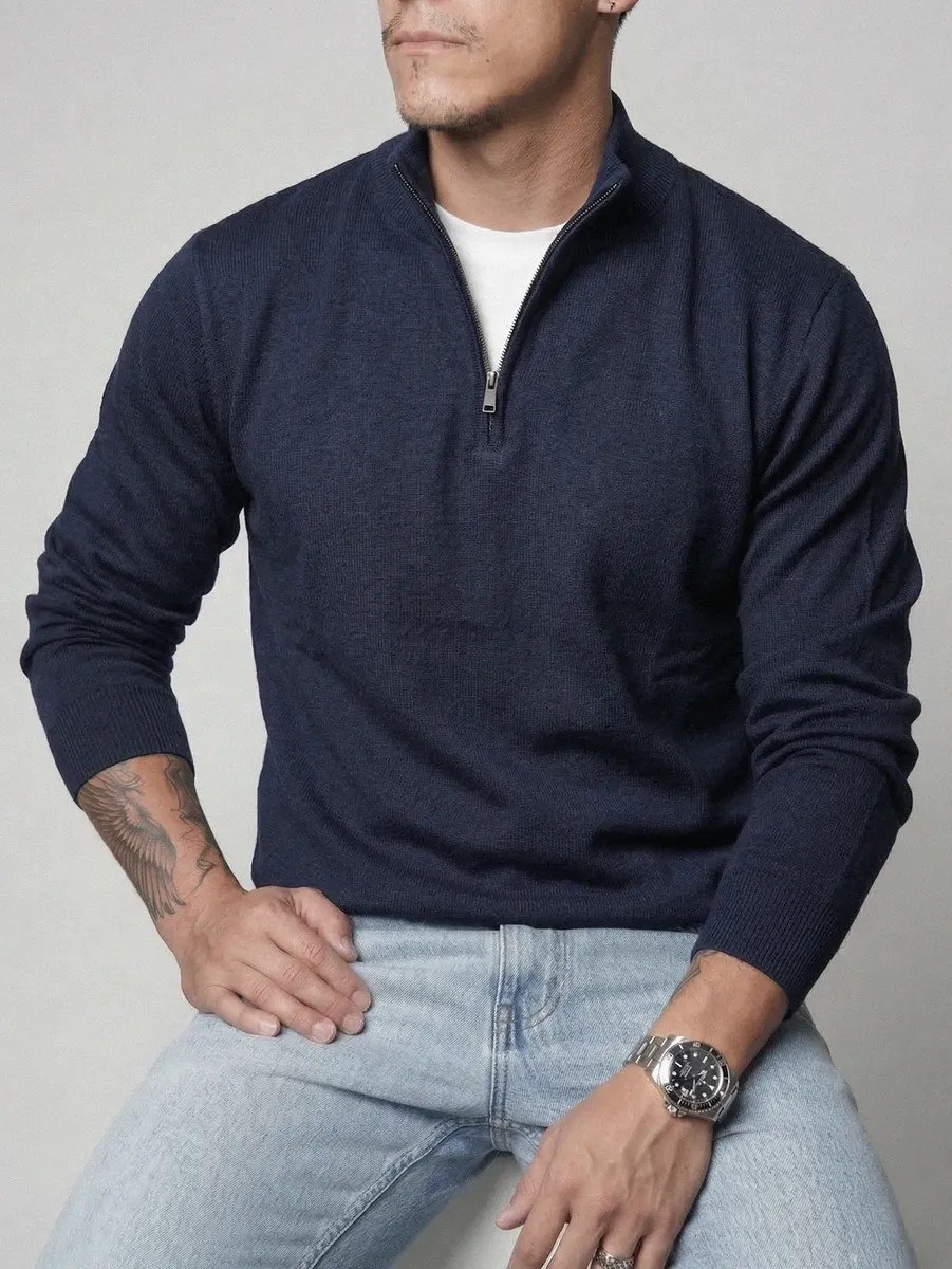 Suéter Masculino Zíper Elegante Gola Alta Inverno Old Money