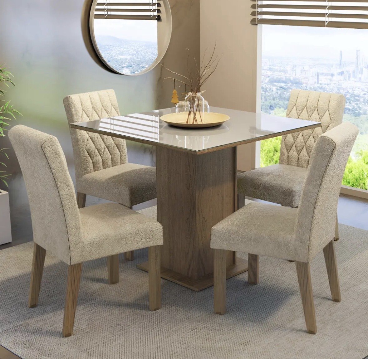 Sala Jantar Estofada Mesa Tampo Vidro 4 Cadeiras Madesa