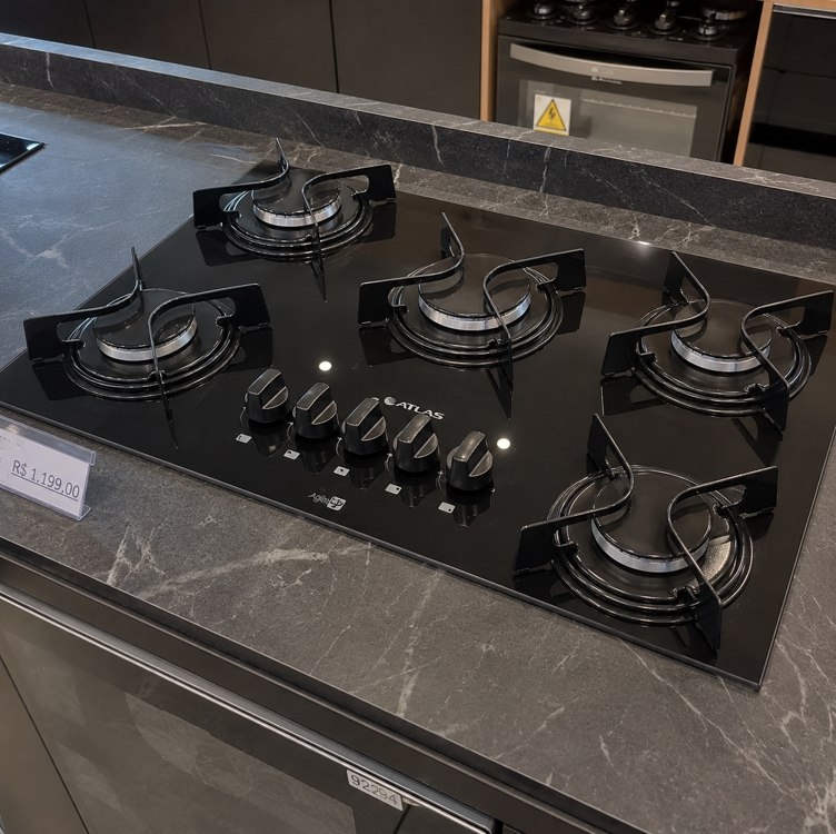 Cooktop 5 Bocas Atlas Agile Up Com Mesa de Vidro e Mega Chama