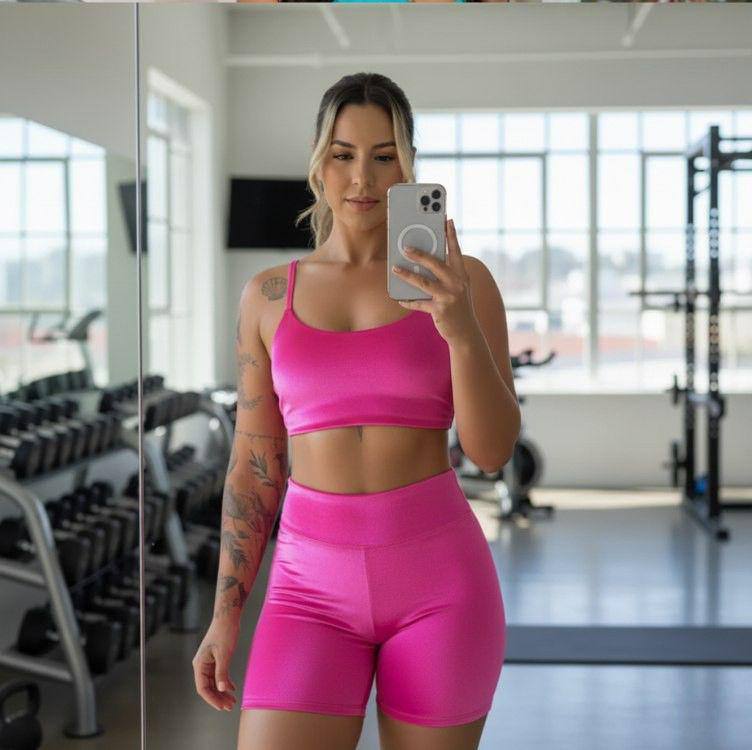 Conjunto Fitness Virginia Top Shorts Meia Coxa Cintura Alta