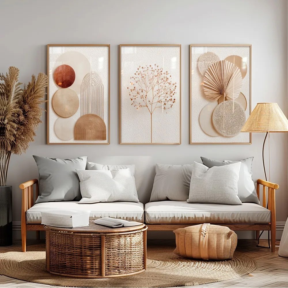Quadros Decorativos Abstratos Geométricos Boho Neutro 122x60 Cor Carvalho Armação Infinita