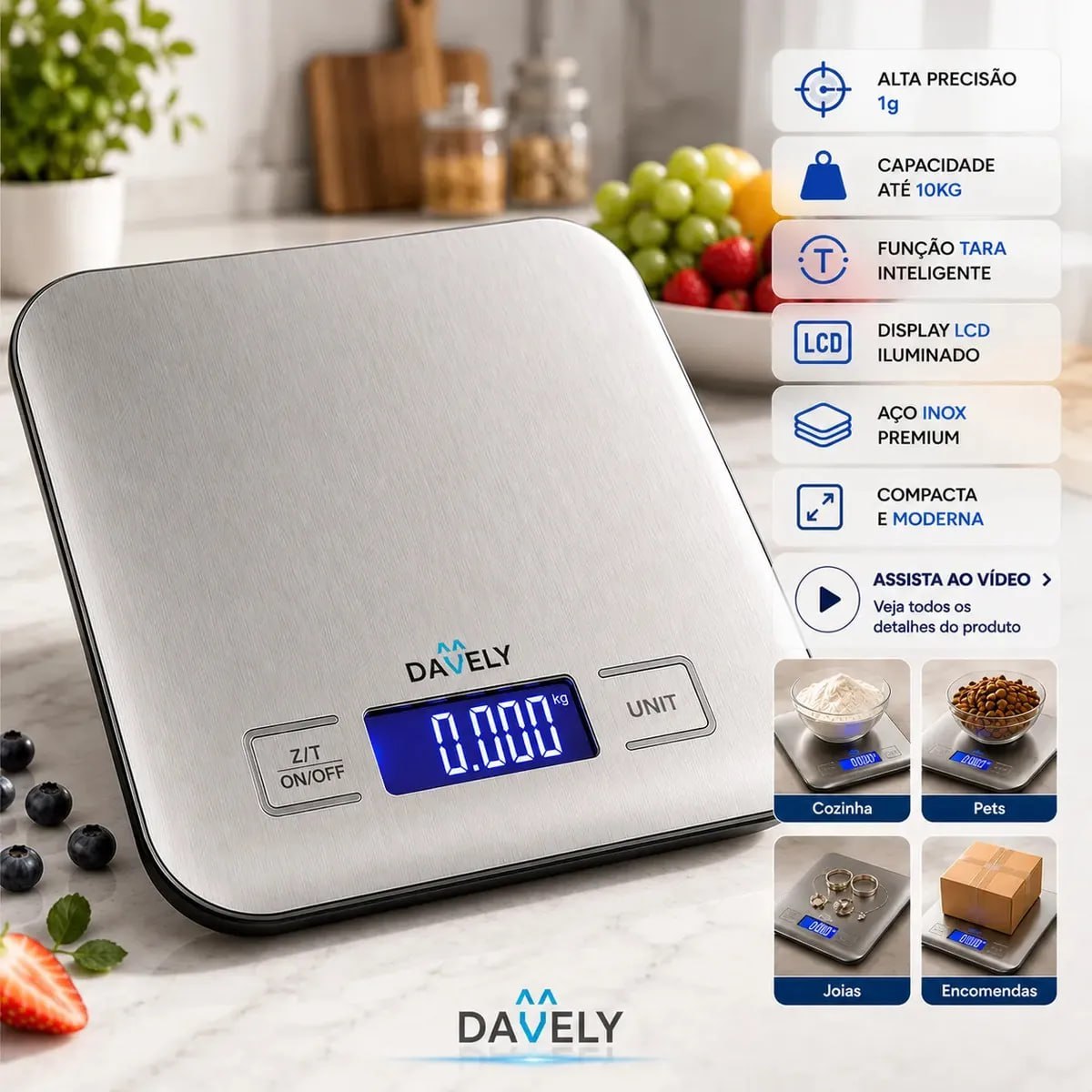 Balança Digital Cozinha Eletrônica Touch 10kg Inox Display Led Lcd