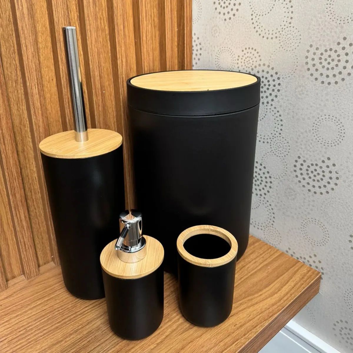 Kit Banheiro Completo Lixeira Porta Escova Sabonete Bambu