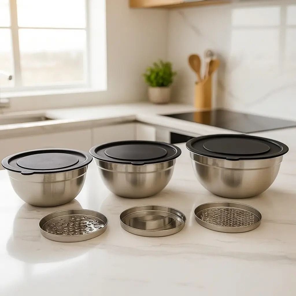 Kit 3 Bowls Tigelas Grandes De Aço Inoxidável Com Tampas Hérmeticas E 3 Discos