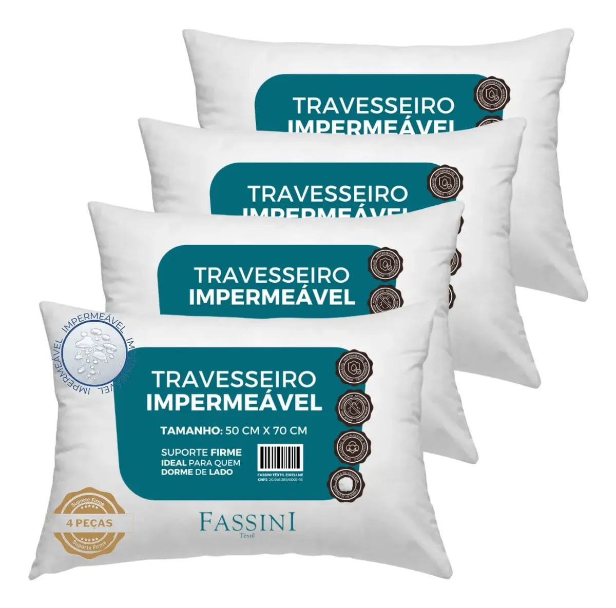 Kit 04 Travesseiros Antialérgico Impermeável Fassini 50x70cm