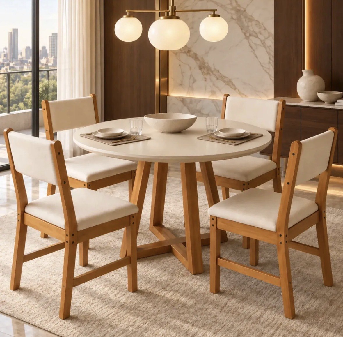 Sala de Jantar Mesa Redonda Valentina Off White Nature com 4 Cadeiras Lugano Freijó Marfim Estofadas Suede Sala Cozinha Moderna
