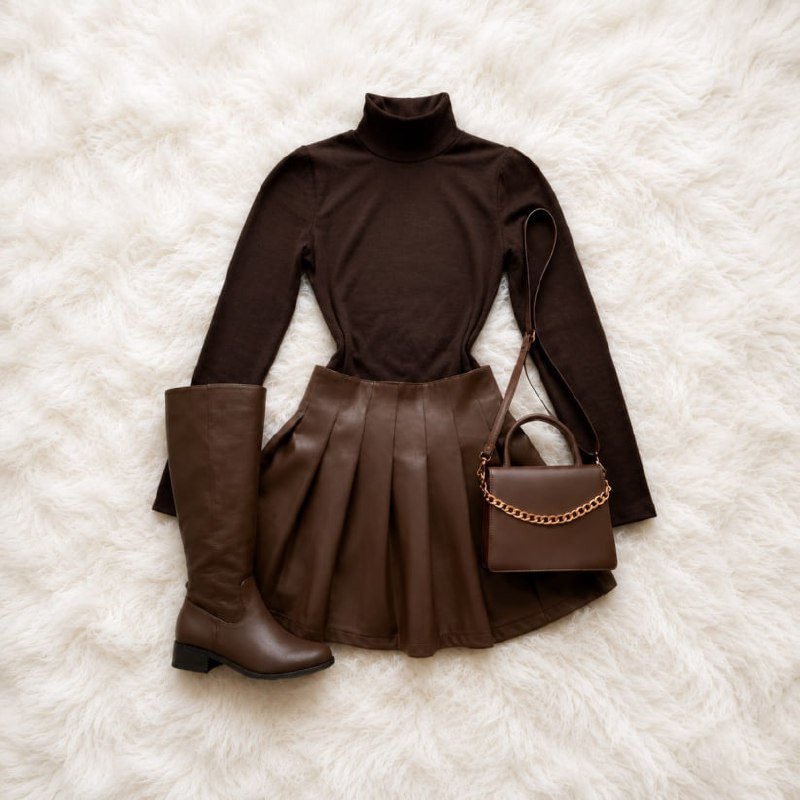 Conjunto Feminino Body Gola Alta + Saia Couro Plissada