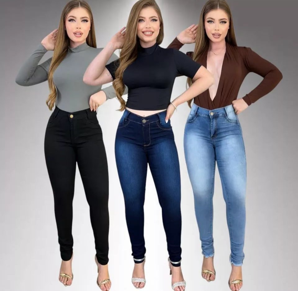Kit 3 Calças Jeans Feminina Skinny Lycra Cintura Alta Modelo Empina Bumbum